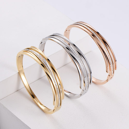 Korean Simple Stainless Steel Striped Three-color Rhinestone Bracelet Wholesale jewelry