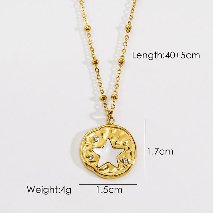 Retro Classic Style Round Star Heart Shape Stainless Steel Inlay Natural Stone Shell Zircon Pendant Necklace