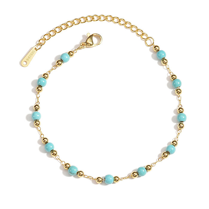 Bracelets plaqués or 18 carats en acier inoxydable rond de style français rétro avec perles turquoise