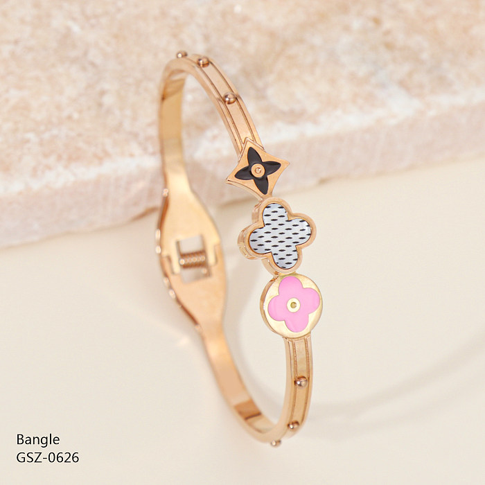 Simple Style Classic Style Four Leaf Clover Stainless Steel Epoxy Hollow Out Inlay Resin Rhinestones Rose Gold Plated Gold Plated Silver Plated Bangle