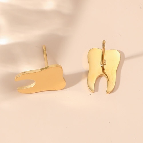 1 par de dentes estilo simples, revestimento de polimento de aço inoxidável, brincos banhados a ouro 18K
