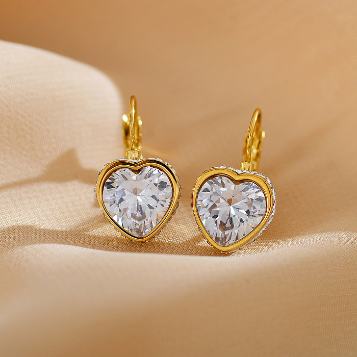 1 par de pendientes chapados en oro con circonitas de acero inoxidable con incrustaciones en forma de corazón de estilo Simple y elegante