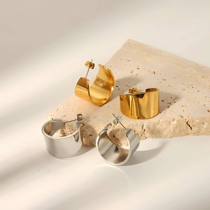 1 par de estilo simples semicírculo círculo polimento chapeamento de metal aço inoxidável brincos banhados a ouro 18K