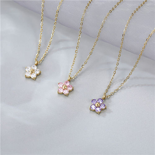 Wholesale Sweet Flower Stainless Steel  Artificial Crystal Pendant Necklace