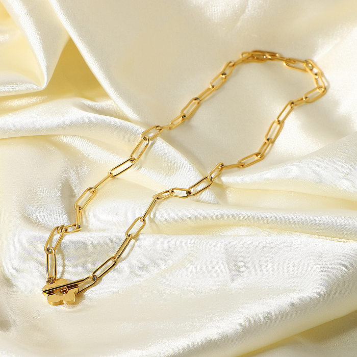 Collier de fille avec boucle OT à fleurs mignonnes, or 18 carats, bijoux en acier inoxydable, chaîne à Clip épais, ornement pour femmes