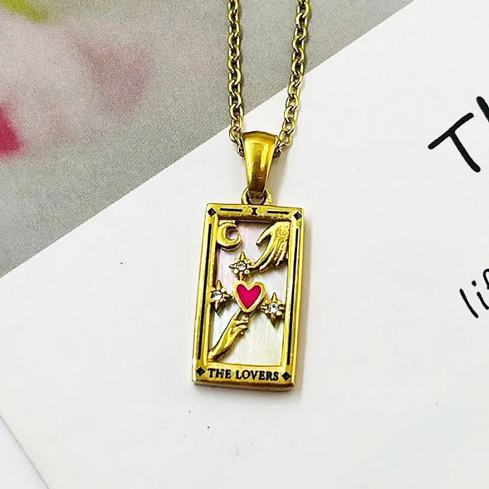 Retro Heart Shape Rectangle Stainless Steel  Stainless Steel Inlay Zircon Pendant Necklace