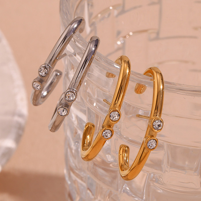 1 par de pendientes chapados en oro de 18K con incrustaciones geométricas de estilo coreano de estilo Simple con diamantes de imitación de acero inoxidable