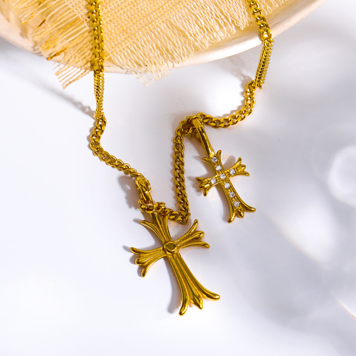 Retro streetwear cruz chapeamento de aço inoxidável incrustação zircão 18k colar pingente banhado a ouro