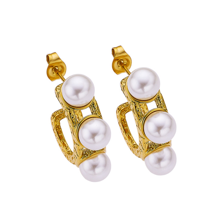 1 Piece Vintage Style Commute C Shape Round Plating Inlay Stainless Steel  Pearl Gold Plated Ear Studs