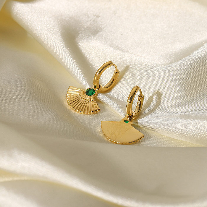 French New Retro Round Green Zircon Fan-Shaped Eardrops Earrings 14K Gold Stainless Steel  Ear Ring Women 'S Earrings