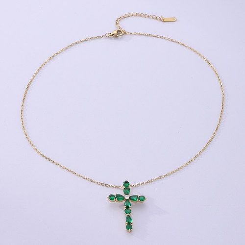 Halskette mit Kreuz-Anhänger im Vintage-Stil, Edelstahl-Beschichtung, Intarsien, Zirkon, 18 Karat vergoldet