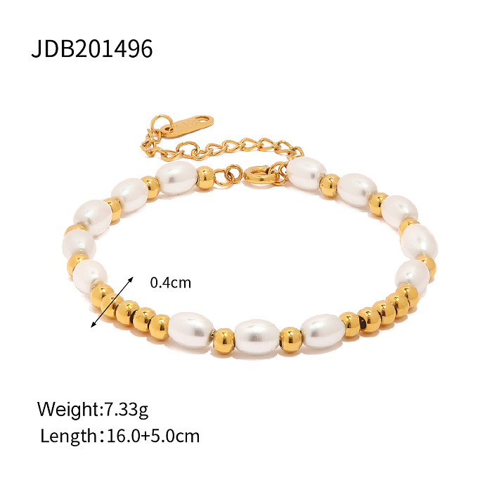 1 Piece Fashion Round Stainless Steel Beaded Pearl Plating Bracelets