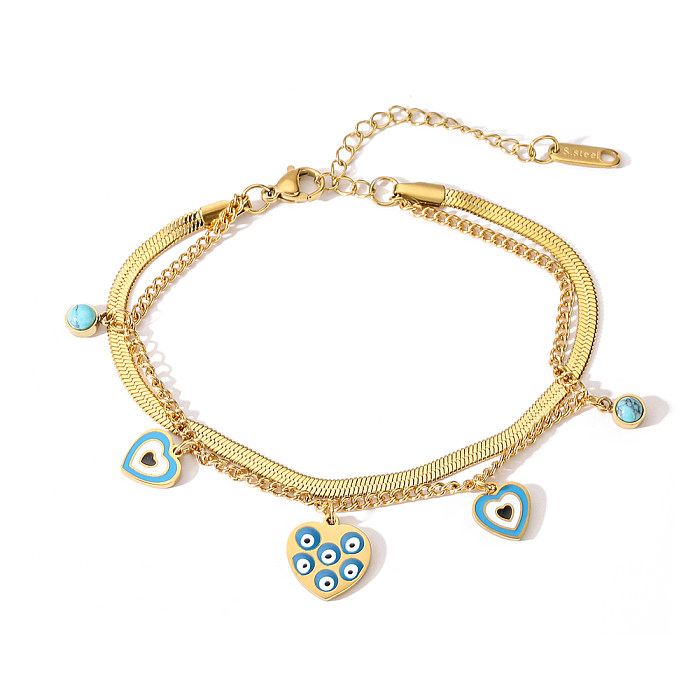 Simple Style Commute Devil'S Eye Heart Shape Titanium Steel Plating Inlay Turquoise 18K Gold Plated Bracelets