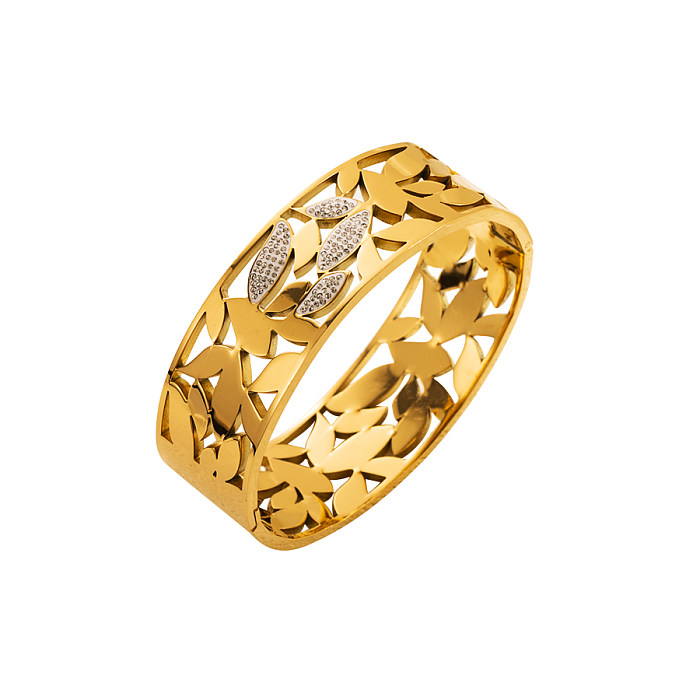 Elegante doce estilo simples deixa titânio chapeamento de aço incrustado strass banhado a ouro pulseira banhada a prata