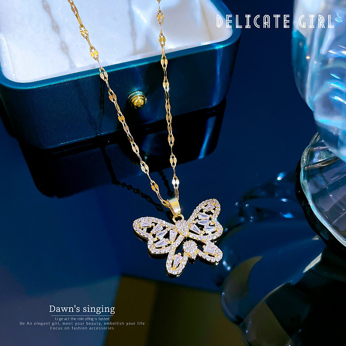 Fashion Butterfly Stainless Steel  Copper Plating Zircon Pendant Necklace