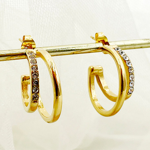 1 par estilo moderno lua aço inoxidável metal em camadas chapeamento strass brincos banhados a ouro