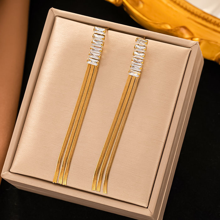 1 Pair Elegant Square Tassel Plating Inlay Stainless Steel Artificial Gemstones 18K Gold Plated Drop Earrings