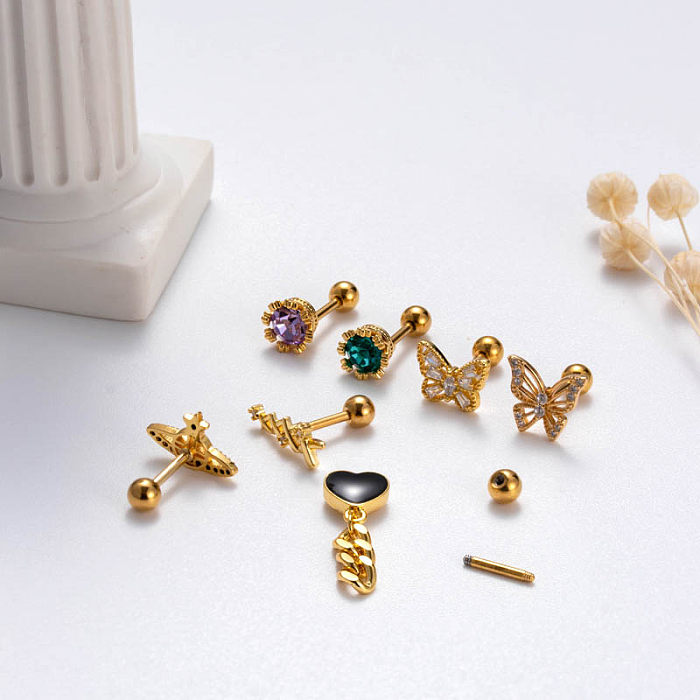 Brincos de cartilagem banhados a ouro 1K, 18 peça, letras doces, formato de coração, borboleta, incrustação de aço inoxidável, zircônia