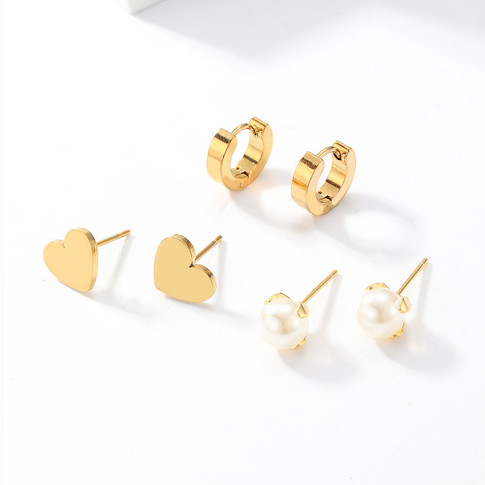 3 Pairs Fashion Simple Style Cross Heart Shape Butterfly Stainless Steel  Plating Inlay Pearl Zircon Ear Studs
