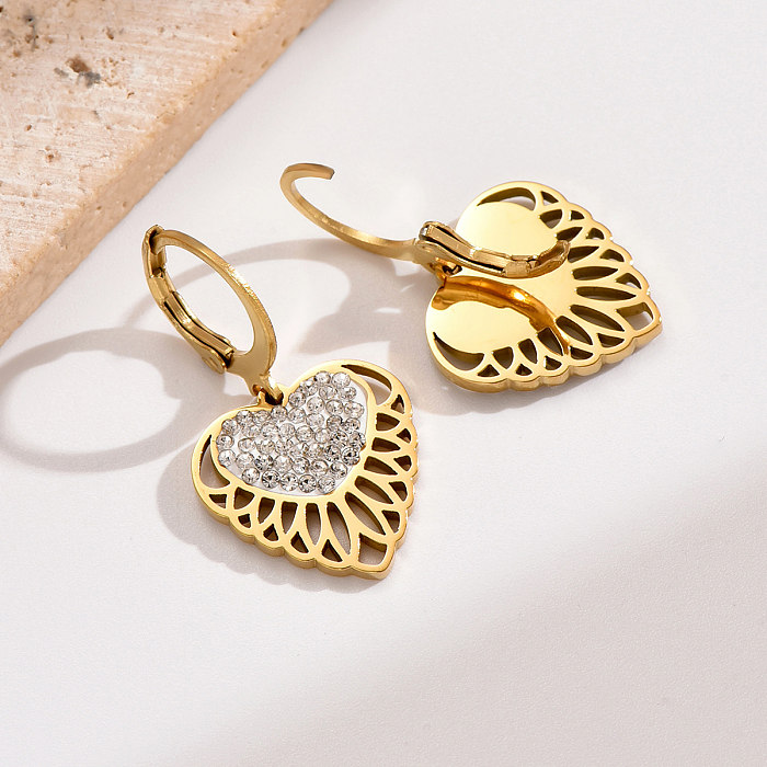 1 Pair Modern Style Heart Shape Polishing Plating Inlay Stainless Steel  Rhinestones 14K Gold Plated Drop Earrings