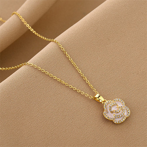 Fashion Flower Stainless Steel Inlay Rhinestones Pendant Necklace 1 Piece