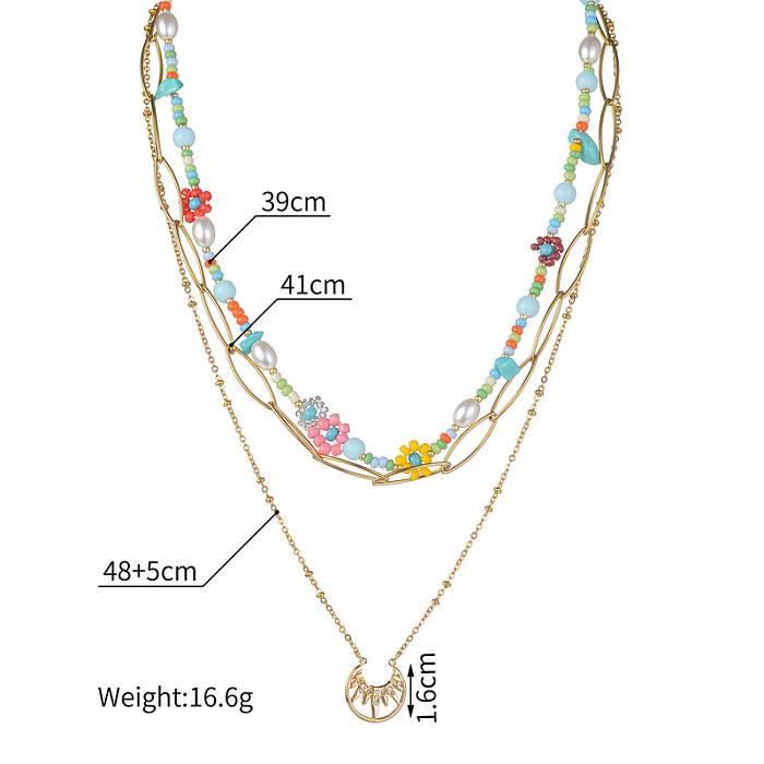 Baroque Style Shiny Flower Stainless Steel  Beaded Plating Inlay Zircon 18K Gold Plated Three Layer Necklace