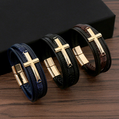 Commerce de gros Casual Streetwear Cross Bracelet en cuir PU en acier inoxydable