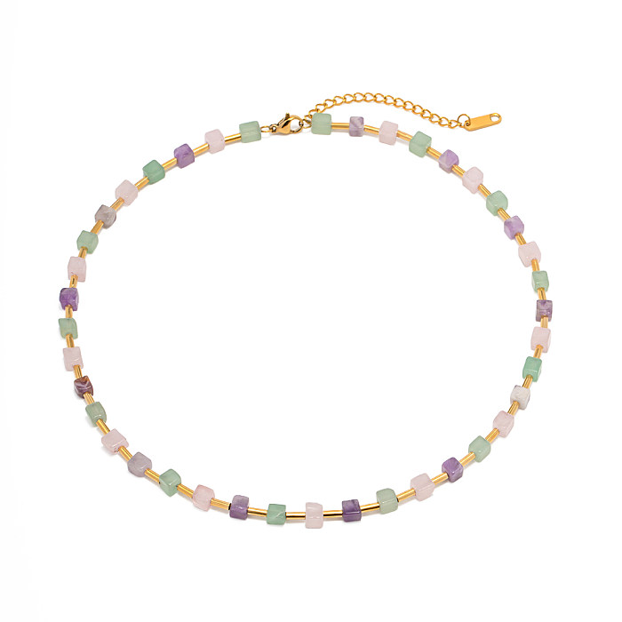 Collier de perles en pierre naturelle carrée en acier inoxydable, Style INS, 1 pièce