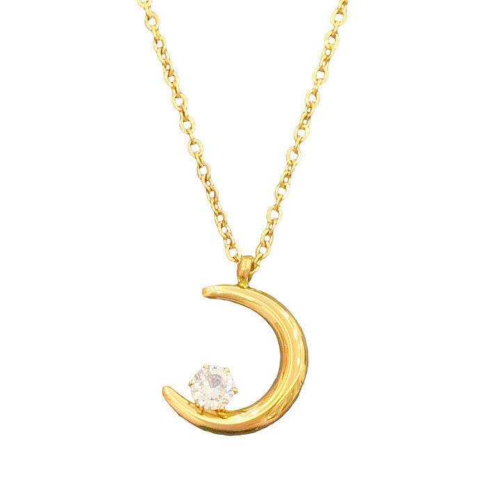 Collier avec pendentif en forme de lune, Style Simple, plaqué acier inoxydable, Zircon, 1 pièce