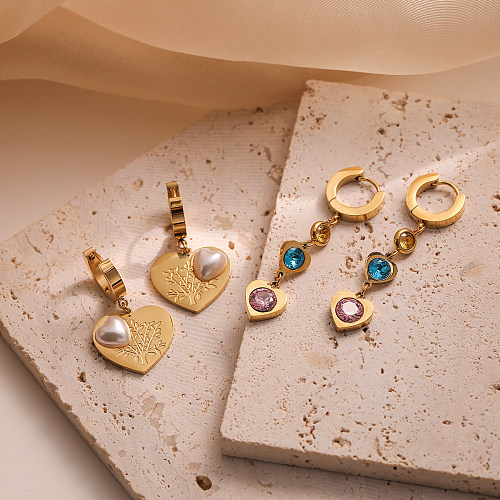 1 Paar schlichte Ohrringe im Pendel-Baum-Herzform-Design mit Inlay aus Edelstahl, künstlichen Perlen, Zirkon, 18 Karat vergoldet