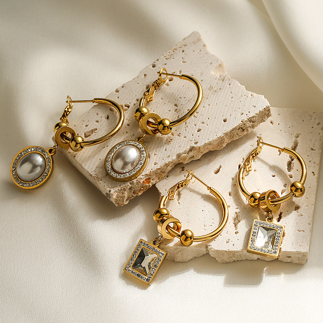 1 par de pendientes colgantes chapados en oro de 18K con incrustaciones geométricas de acero inoxidable con perlas artificiales y circonitas