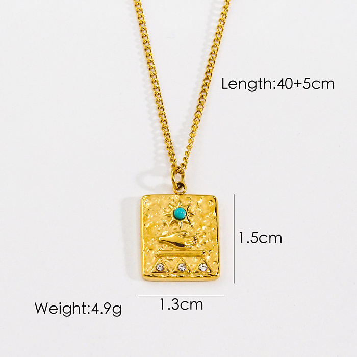 Retro Sun Square Oval Stainless Steel Inlay Natural Stone Shell Zircon Pendant Necklace