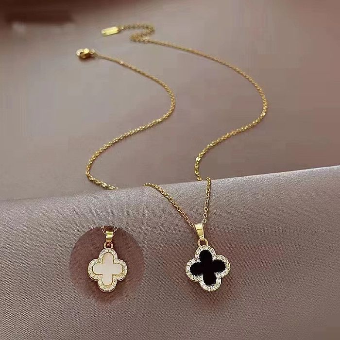 Retro Lady Four Leaf Clover Square Heart Shape Stainless Steel Inlay Shell Necklace