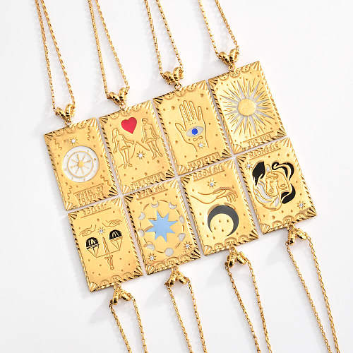 Retro Square Stainless Steel Pendant Necklace Enamel Inlay Artificial Gemstones Stainless Steel  Necklaces