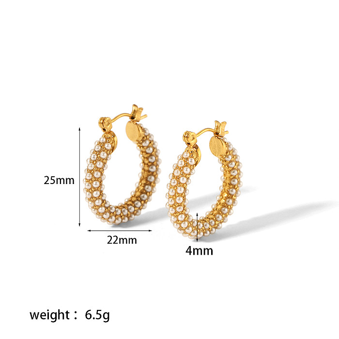1 Pair Sweet Circle Round Polishing Plating Inlay Stainless Steel  Zircon 18K Gold Plated Earrings