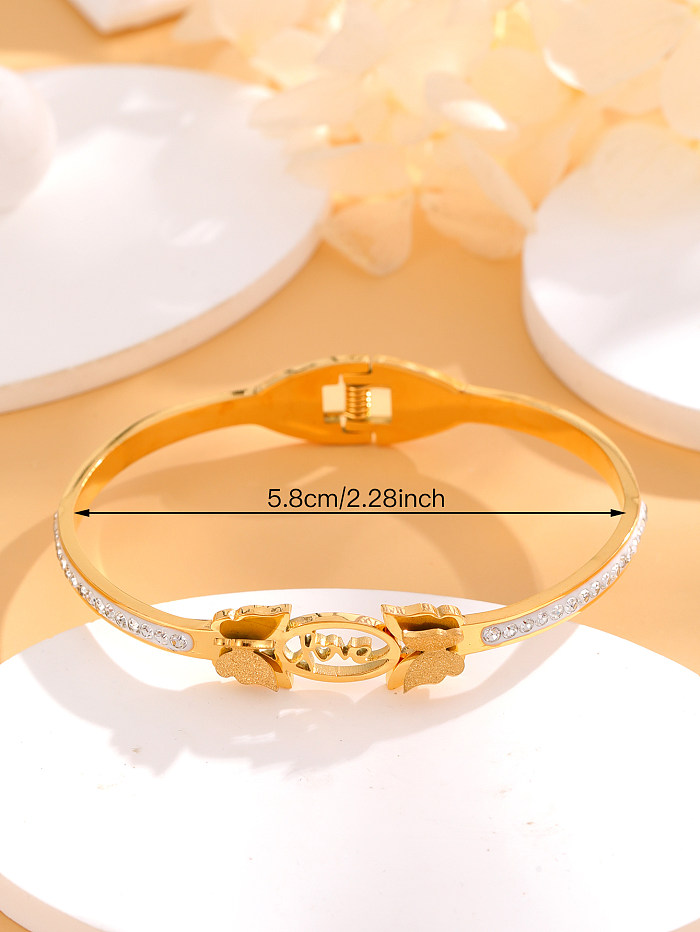 Elegant Cute Shiny Letter Titanium Steel Plating Crystal Rhinestones Zircon 18K Gold Plated Bangle