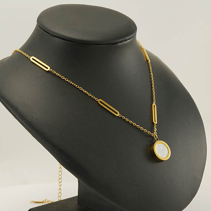 Elegant Round Letter Stainless Steel  Plating Inlay Shell 18K Gold Plated Pendant Necklace