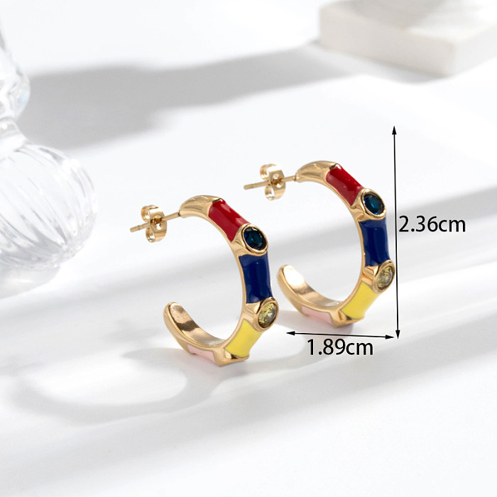1 Pair Vintage Style Simple Style C Shape Plating Inlay Stainless Steel  Zircon 18K Gold Plated Earrings