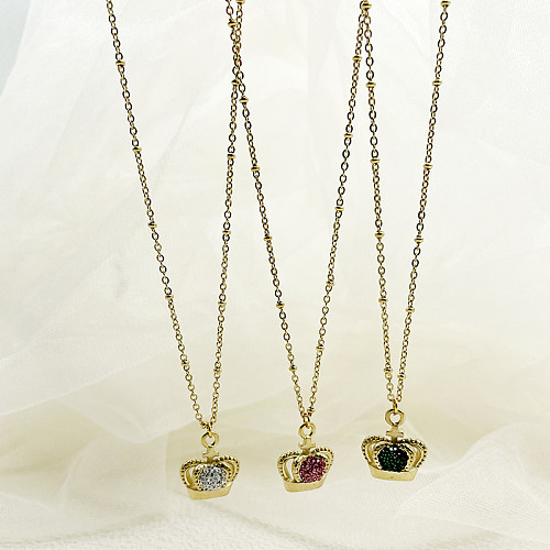 Collier pendentif élégant et mignon avec couronne douce en acier inoxydable, incrustation de Zircon plaqué or