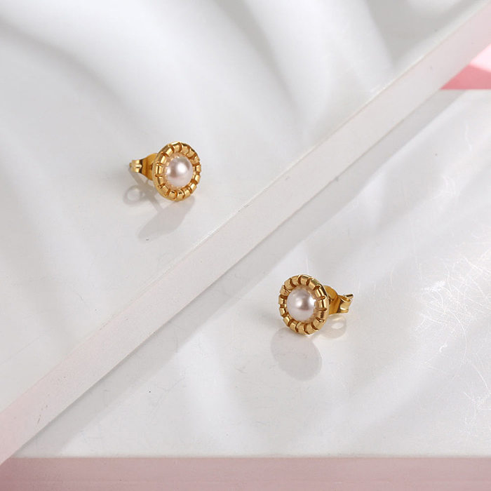 Fashion Flower Stainless Steel Plating Artificial Pearls Ear Studs 1 Piece