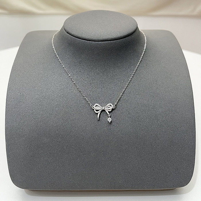Sweet Letter Bow Knot Stainless Steel Plating Inlay Artificial Gemstones Pendant Necklace