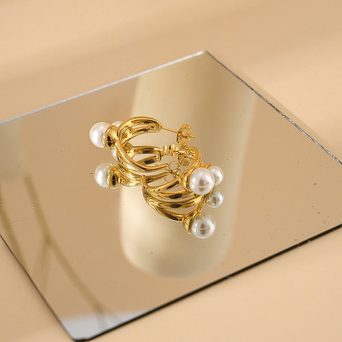 1 Paar lässige Urlaubs-Ohrringe im klassischen C-förmigen Überzug-Inlay aus Edelstahl mit künstlichen Perlen und vergoldeten Ohrringen