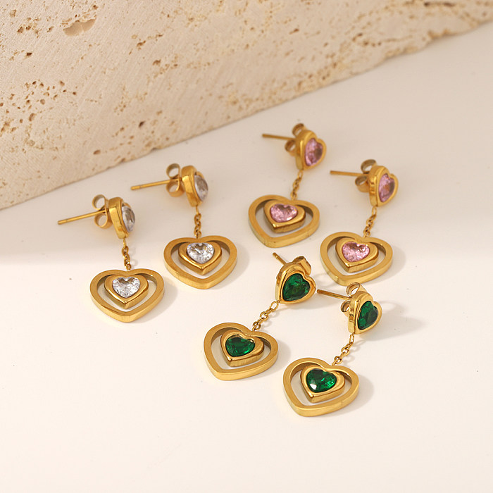 1 Pair Sweet Simple Style Heart Shape Epoxy Plating Inlay Stainless Steel  Zircon 18K Gold Plated Drop Earrings