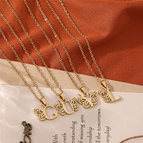 Collier pendentif plaqué or 18 carats, Style Simple et romantique, lettre papillon, placage en acier inoxydable ajouré