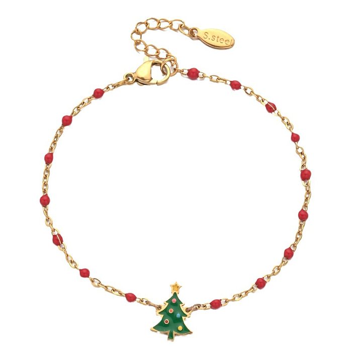 Großhandel Armbänder im Cartoon-Stil, niedlicher Weihnachtsbaum, Edelstahl, Emaille-Beschichtung, vergoldet