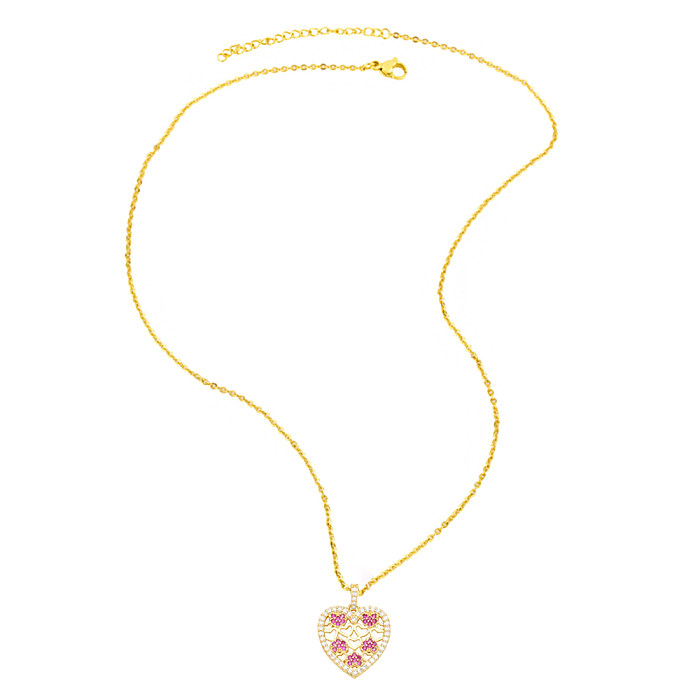 Elegante formato de coração em aço inoxidável com revestimento de cobre e zircão colar com pingente banhado a ouro 18K