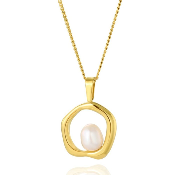 Collier pendentif rond ovale en forme de cœur, en acier inoxydable, Imitation de perles, incrustation de coquille, plaqué or 18 carats, Style IG