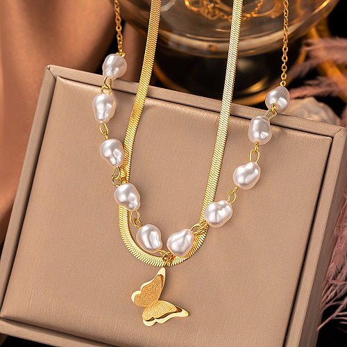 Fashion Butterfly Stainless Steel Pearl Plating Layered Necklaces 1 Piece