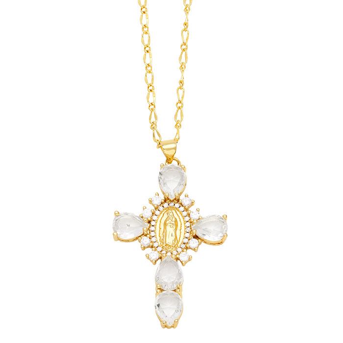 Artistic Human Cross Stainless Steel  Copper Plating Inlay Zircon 18K Gold Plated Pendant Necklace