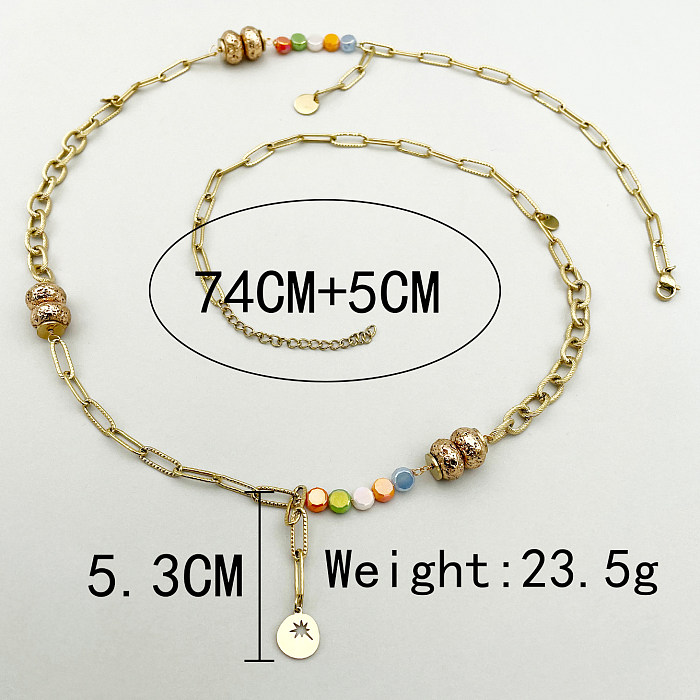 Casual Round Stainless Steel  Beaded Polishing Plating Gold Plated Long Necklace Necklace